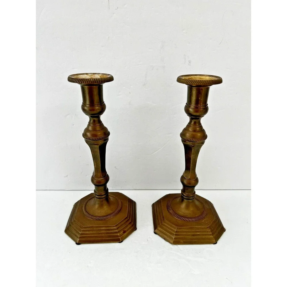 Vintage‎ Pair Solid Brass Taper Candle Holder Candlesticks Square Base 7.5